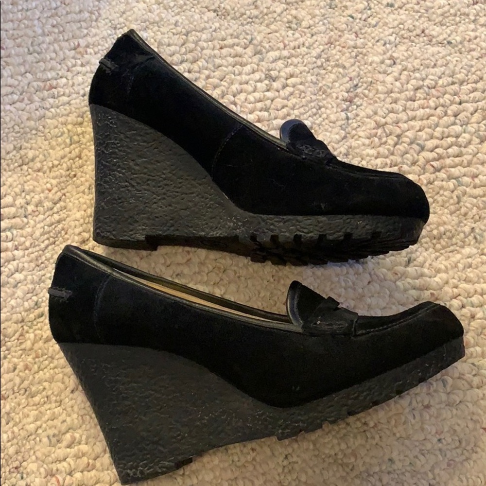 MK black suede tall wedge loafers